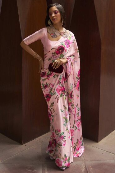Sanya Pink Satin Silk Floral Print Aentic Saree