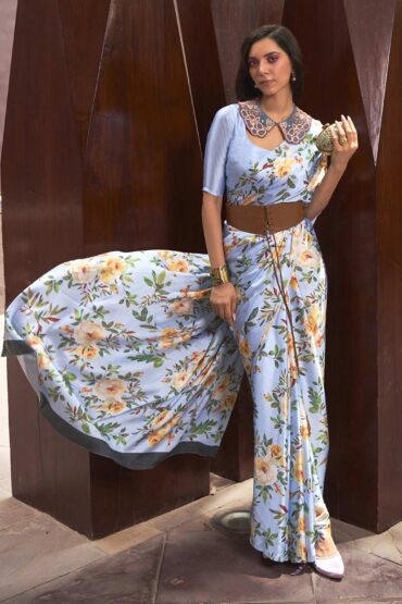 Lilly Blue Satin Silk Floral Print Aentic Saree