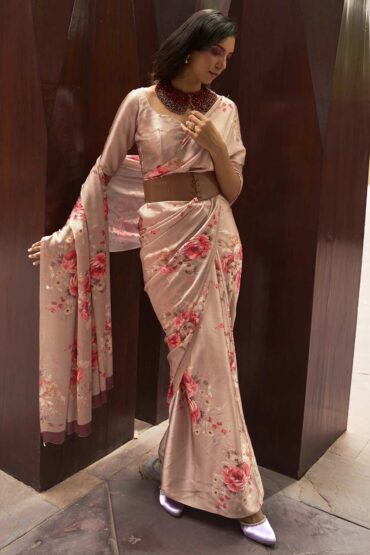 Lisa Beige Satin Silk Floral Print Aentic Saree