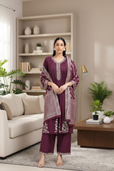 Purple Roman Silk Embroidered A Line Kurta Pant and Dupatta Suit Set