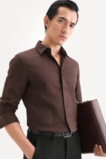 Aentic Men's Layerr-Ls Brown Cotton Fabric Full Sleeve Spread Collar Regular Fit Plain Shirt