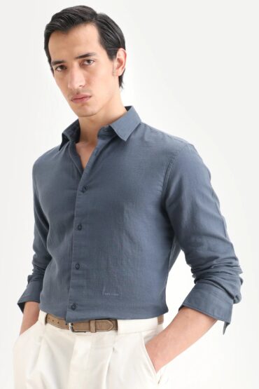 Aentic Men's Layerr-Ls Dusky Blue Cotton Fabric Full Sleeve Spread Collar Regular Fit Plain Shirt