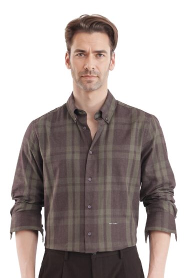 Aentic Men's Licot Dark Olive Cotton Checked Print Regular Fit Full Sleeve Collared Shirt