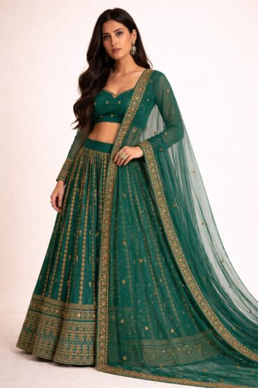 Jenna Green Zari Embroidered Organza Wedding Lehenga Saree
