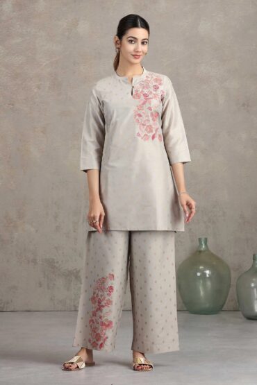 Light Gray Floral Embroidered Straight Co-ord Set