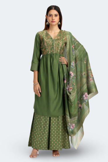 Light Green Roman Silk Embroidered Gathered Kurta Pant and Dupatta Suit Set