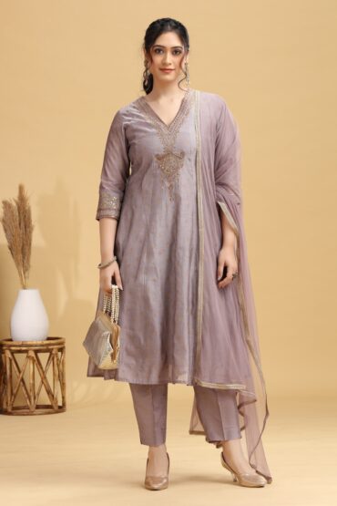 Lilac Embroidered A-Line Ethnic Set