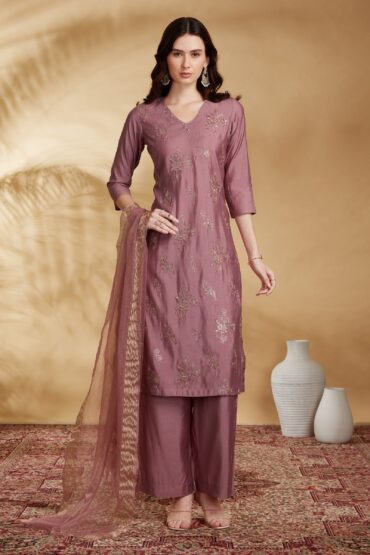 Light Purple Roman Silk Embroidered Straight Kurta Pant and Dupatta Suit Set