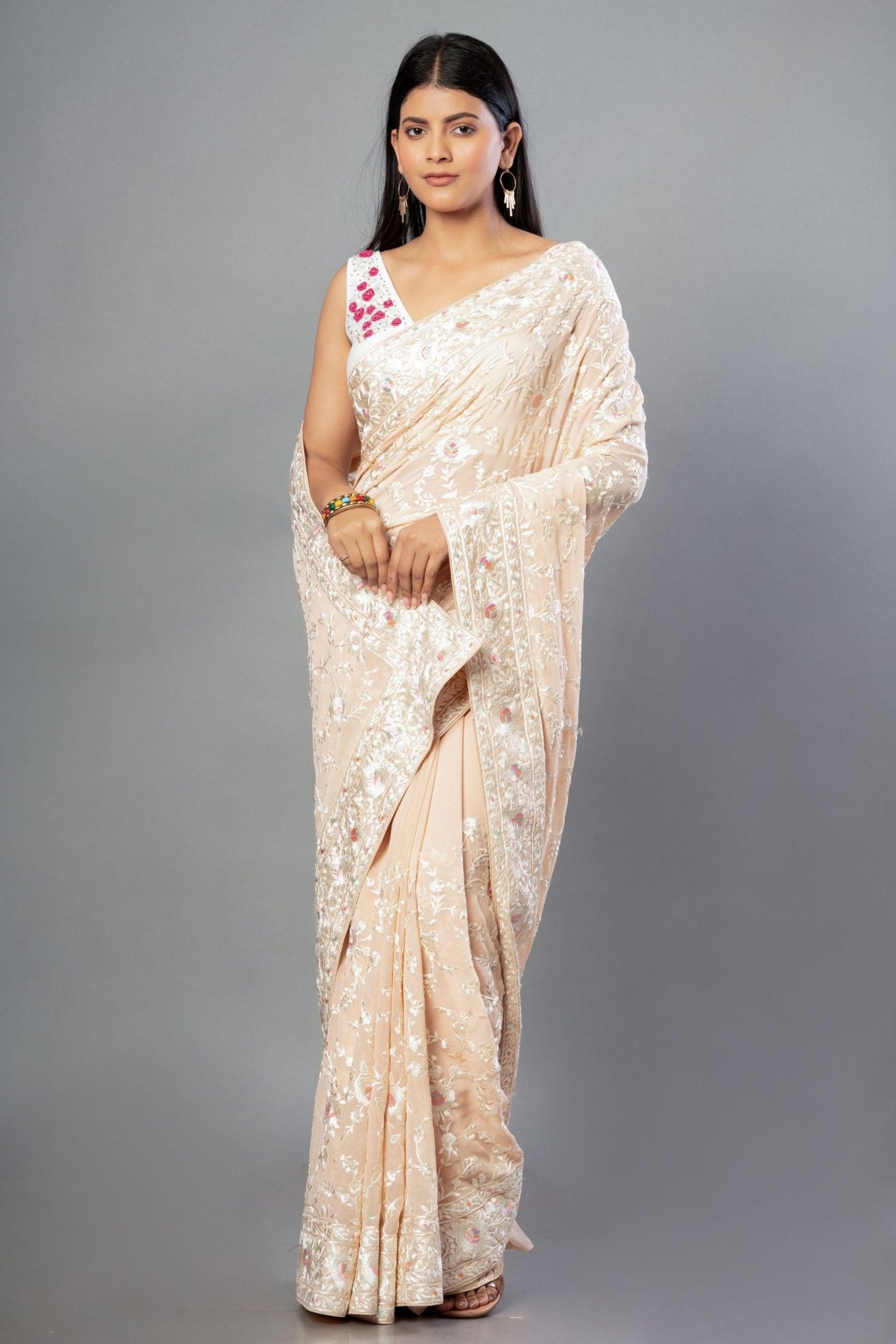 Light Peach Georgette Saree With Parsi Gara Work