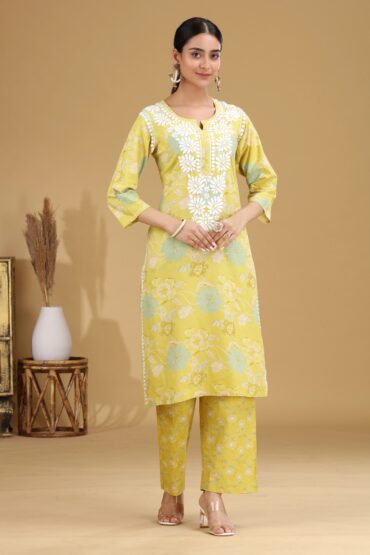 Lime Green Embroidered Cotton Straight Ethnic Set