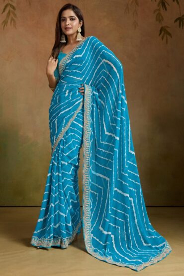 Malina Light Blue Georgette Bandhani Striped Ready to Wear Aentic Saree