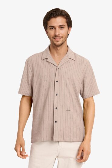 Aentic Men's Cotton Striped Print Regular Fit Half Sleeve Cuban Collar Shirt