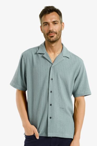 Aentic Men's Melon Dusky Green Striped Print Boxy Fit Half Sleeve Cuban Collar Shirt