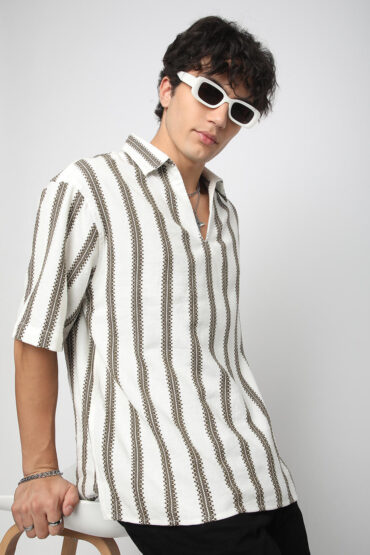 Premium Cotton White & Olive Embroidered Oversized Polo Shirt