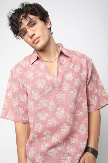 Peachy Pink Coco Leaf Printed Burlap Oversized Polo Shirt