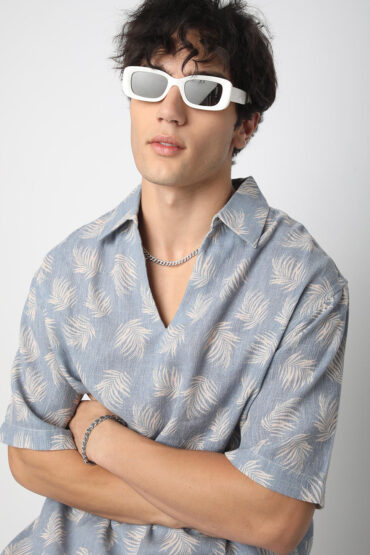 Powder Blue Coco Leaf Printed Burlap Oversized Polo Shirt