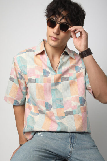 Soft Pastel Hues Abstract Printed Oversized Polo Shirt