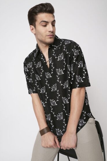 Dandelion Black Embroidered Crochet Oversized Polo Shirt