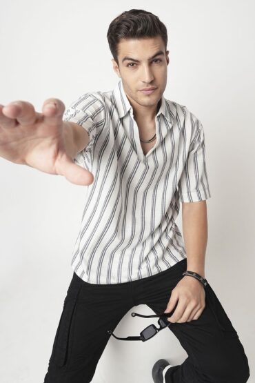 Navy & Off-White Striped Oversized Polo Shirt