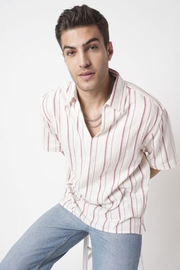 Berry Red & Off-White Striped Oversized Polo Shirt