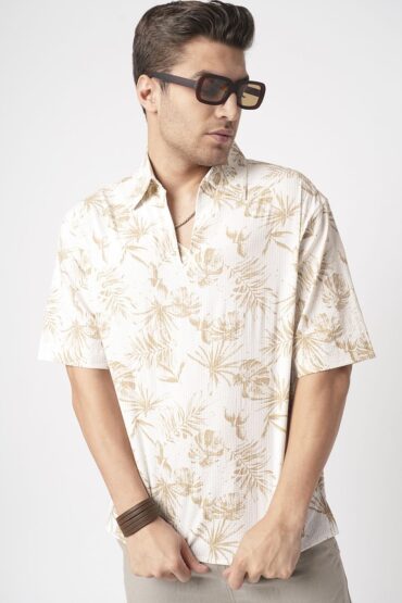 Tan Beige Leaf Printed Seersucker Oversized Polo Shirt