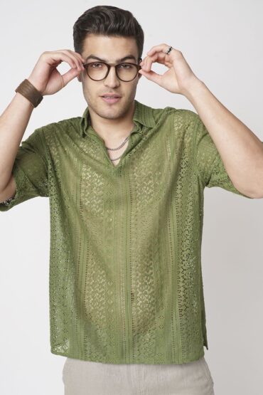 Moss Green Crochet Oversized Polo Shirt