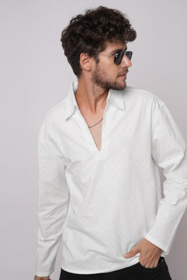 White Petal Grid Embroidered Oversized Polo Neck Shirt