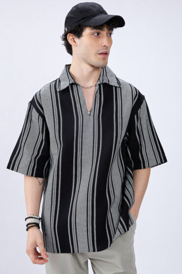 Monotone Vintage Striped Oversized Polo Shirt
