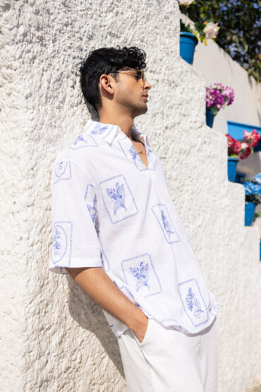 Blue Flor?al Frame Embroidery Oversized Polo Shirt