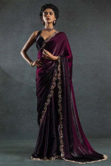 Kala Wine Satin Silk Designer Saree with Beads & Stone Embellished Ready to Wear Aentic Saree