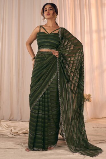 Demi Olive Green Georgette Saree with Border Work Ready to Wear Aentic Saree
