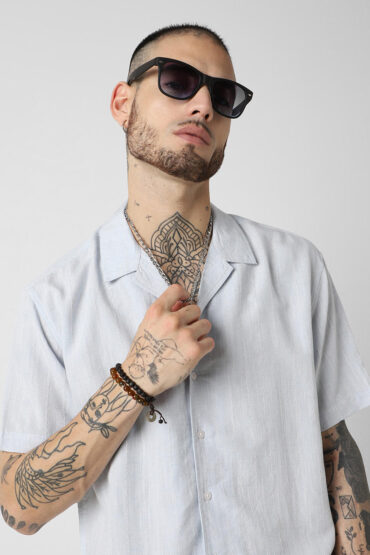 Embroidered Blue Resort Collar Oversized Shirt