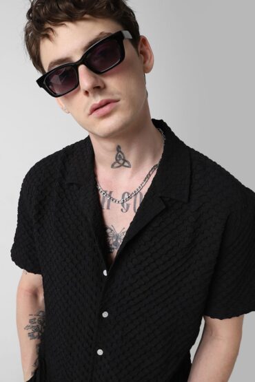 Jet Black Embossed Patterned Oversized Shirt