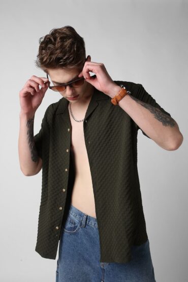 Avocado Green Embossed Patterned Oversized Shirt