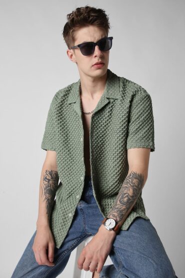 Asparagus Green Embossed Patterned Oversized Shirt