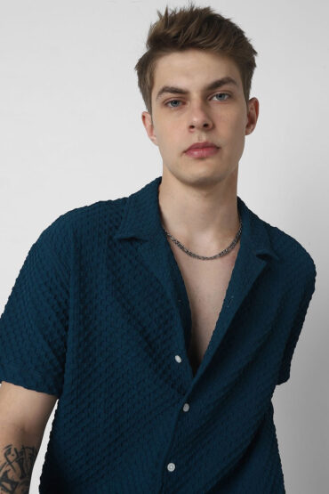 Teal Embossed Patterned Oversized Shirt