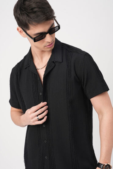 Black Self-Design Frayed Oversized Shirt
