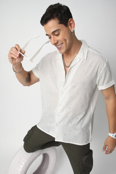 White Schiffli Oversized Notch Collar Shirt