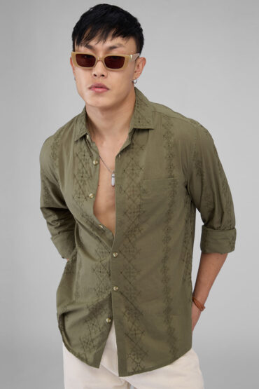 Aesthetic Olive Embroidered Schiffli Shirt