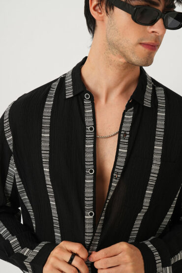 Premium Cotton Black Embroidered Crepe Shirt