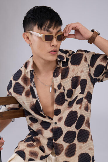 Beige Horizontal Dobby Striped Hawaiian Shirt