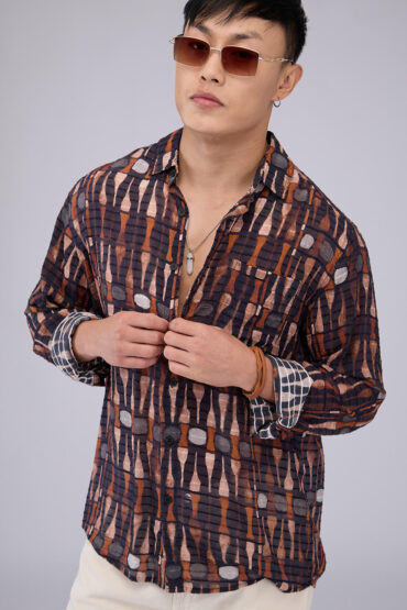 Black Horizontal Dobby Striped Abstract Printed Shirt