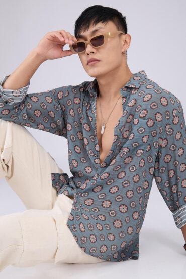 Voguish Grey Motifs Streaky Dobby Shirt