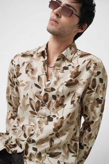 Camel Beige Artistic Floral Printed Linen Shirt