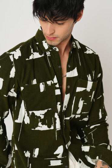 Olive Abstract Printed Double Pocket Corduroy Shirt