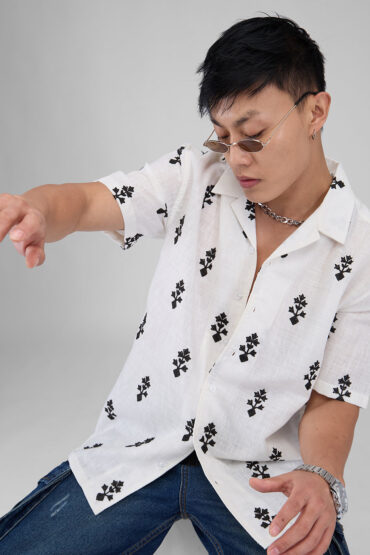 White & Black Motifs Embroidered Notch Collar Oversized Shirt