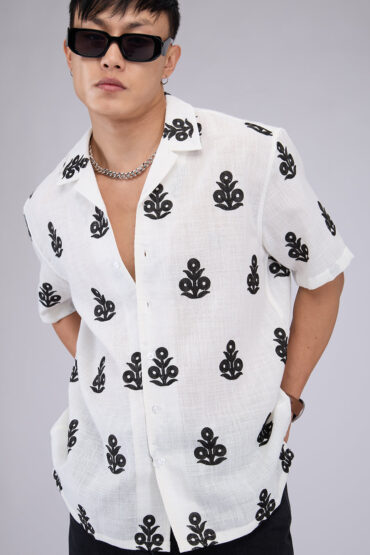 White & Black Embroidered Notch Collar Oversized Shirt