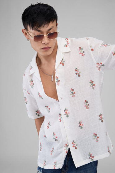White Embroidered Notch Collar Oversized Shirt
