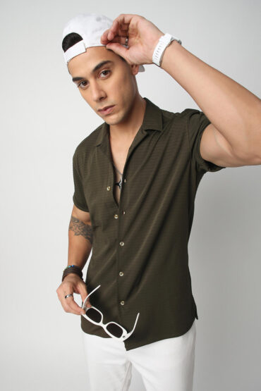 Olive Line Textured Knitted Shirt