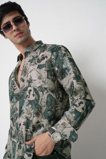 Viridian Green Abstract Printed Creased Shirt